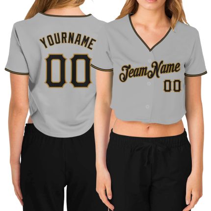 Custom Womens Gray Black Old Gold V-Neck Baseball Jersey - Cropped Design for Comfort and Style Custom Women's Gray Black-Old