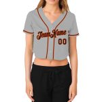 Custom Womens V-Neck Cropped Baseball Jersey Gray Black Orange Custom Women's Gray Black-Orange V-Neck Cropped Baseball Jersey