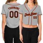 Custom Womens V-Neck Cropped Baseball Jersey Gray Black Orange Custom Women's Gray Black-Orange V-Neck Cropped Baseball Jersey