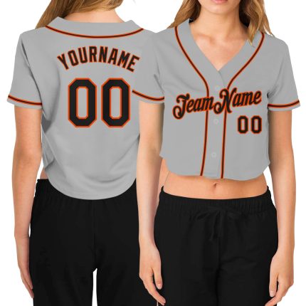 Custom Womens V-Neck Cropped Baseball Jersey Gray Black Orange Custom Women's Gray Black-Orange V-Neck Cropped Baseball Jersey