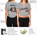 Custom Womens V-Neck Cropped Baseball Jersey - Gray Black Powder Blue Orange Custom Women's Gray Black Powder Blue-Orange