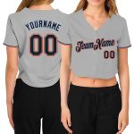Custom Womens V-Neck Cropped Baseball Jersey - Gray Black Powder Blue Orange Custom Women's Gray Black Powder Blue-Orange