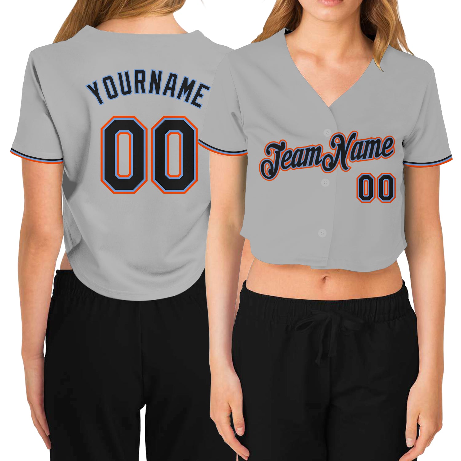 Custom Womens V-Neck Cropped Baseball Jersey - Gray Black Powder Blue Orange Custom Women's Gray Black Powder Blue-Orange