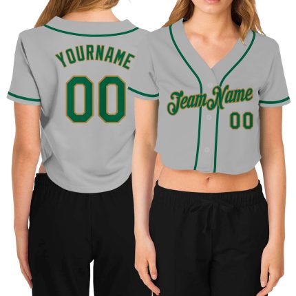 Custom Womens V-Neck Cropped Baseball Jersey - Gray, Kelly Green, Old Gold Custom Women's Gray Kelly Green-Old Gold V-Neck