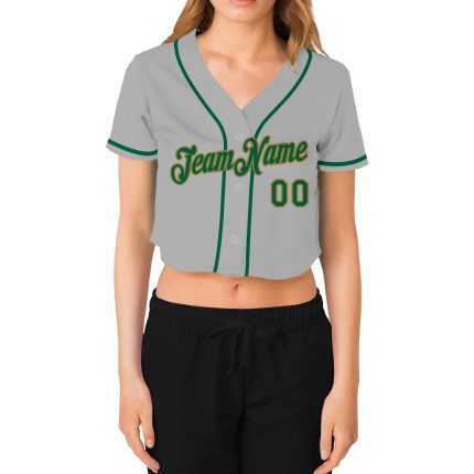 Custom Womens V-Neck Cropped Baseball Jersey - Gray, Kelly Green, Old Gold Custom Women's Gray Kelly Green-Old Gold V-Neck