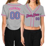 Custom Womens V-Neck Baseball Jersey in Gray, Light Blue, Black, and Pink - Cropped Design Custom Women's Gray Light Blue
