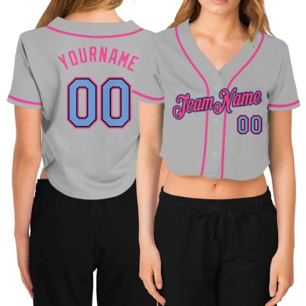 Custom Womens V-Neck Baseball Jersey in Gray, Light Blue, Black, and Pink - Cropped Design Custom Women's Gray Light Blue