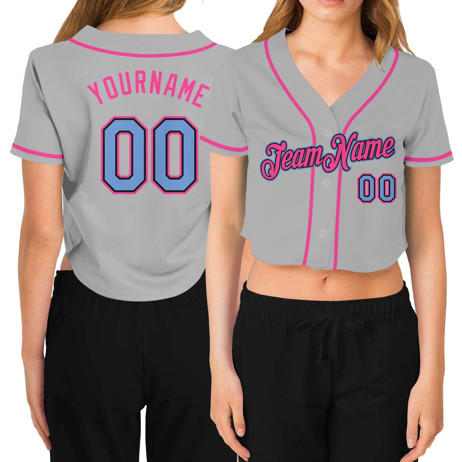 Custom Womens V-Neck Baseball Jersey in Gray, Light Blue, Black, and Pink - Cropped Design Custom Women's Gray Light Blue