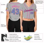 Custom Womens V-Neck Baseball Jersey in Gray, Light Blue, Black, and Pink - Cropped Design Custom Women's Gray Light Blue