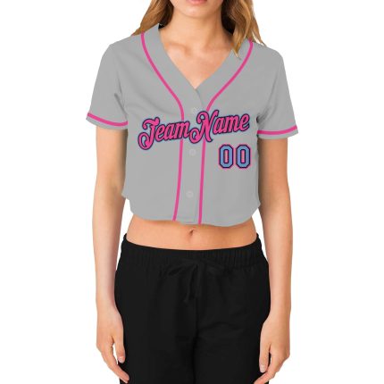 Custom Womens V-Neck Baseball Jersey in Gray, Light Blue, Black, and Pink - Cropped Design Custom Women's Gray Light Blue