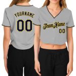 Custom Womens Gray Navy Gold Cropped V-Neck Baseball Jersey Style 3766 Custom Women's Gray Navy-Gold V-Neck Cropped Baseball