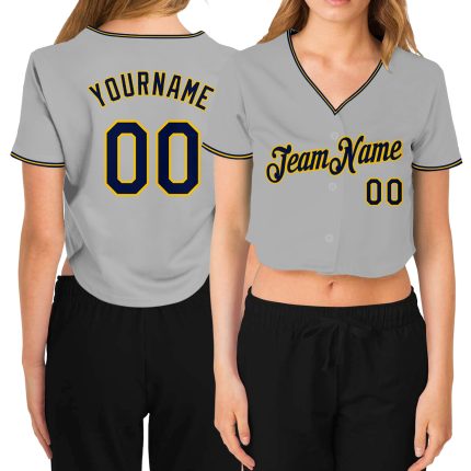 Custom Womens Gray Navy Gold Cropped V-Neck Baseball Jersey Style 3766 Custom Women's Gray Navy-Gold V-Neck Cropped Baseball
