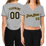 Custom Womens V-Neck Cropped Baseball Jersey Gray Navy Gold Custom Women's Gray Navy-Gold V-Neck Cropped Baseball Jersey