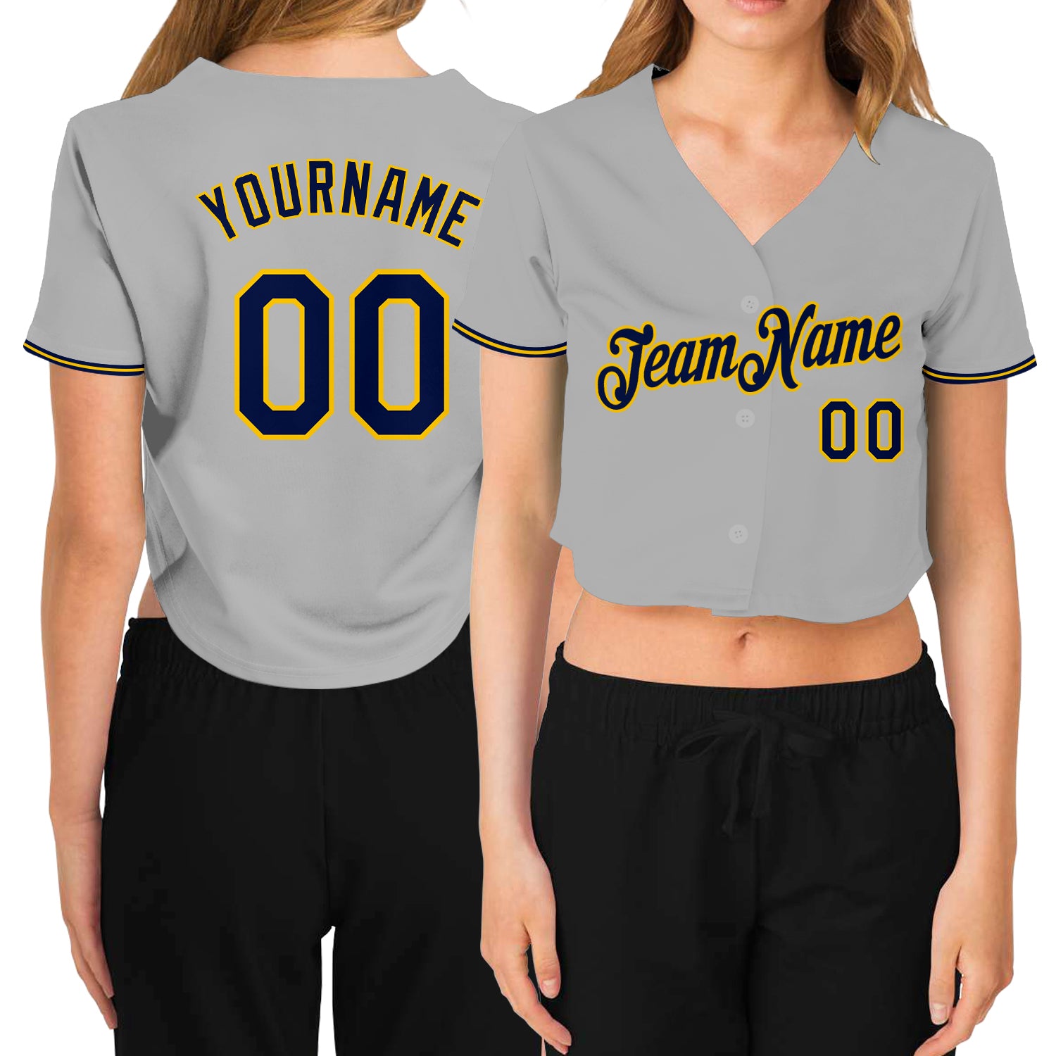 Custom Womens V-Neck Cropped Baseball Jersey Gray Navy Gold Custom Women's Gray Navy-Gold V-Neck Cropped Baseball Jersey