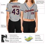 Custom Womens V-Neck Baseball Jersey Gray Navy-Orange Cropped Style Custom Women's Gray Navy-Orange V-Neck Cropped Baseball