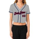 Custom Womens Baseball Jersey Gray Navy Red V-Neck Cropped Design Custom Women's Gray Navy-Red V-Neck Cropped Baseball Jersey