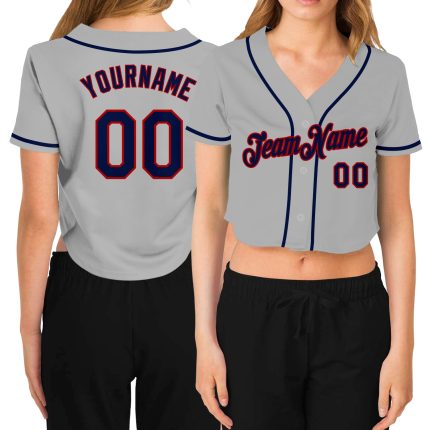 Custom Womens Baseball Jersey Gray Navy Red V-Neck Cropped Design Custom Women's Gray Navy-Red V-Neck Cropped Baseball Jersey