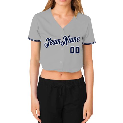 Custom Gray Navy-White V-Neck Cropped Baseball Jersey for Women Custom Women's Gray Navy-White V-Neck Cropped Baseball Jersey