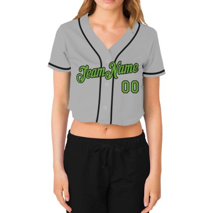 Womens Custom Gray Neon Green-Black V-Neck Cropped Baseball Jersey Custom Women's Gray Neon Green-Black V-Neck Cropped Baseball