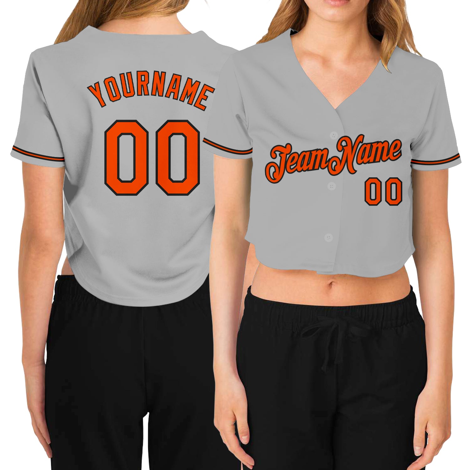 Custom Women's Gray Orange-Black V-Neck Cropped Baseball Jersey Custom Womens Gray Orange Black V-Neck Cropped Jersey for Baseball Custom Women's Gray Orange-Black V-Neck Cropped Baseball