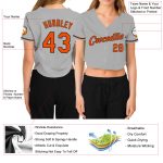 Custom Womens Gray Orange Black V-Neck Cropped Jersey for Baseball Custom Women's Gray Orange-Black V-Neck Cropped Baseball