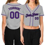 Custom gray, purple and black women's cropped baseball jersey