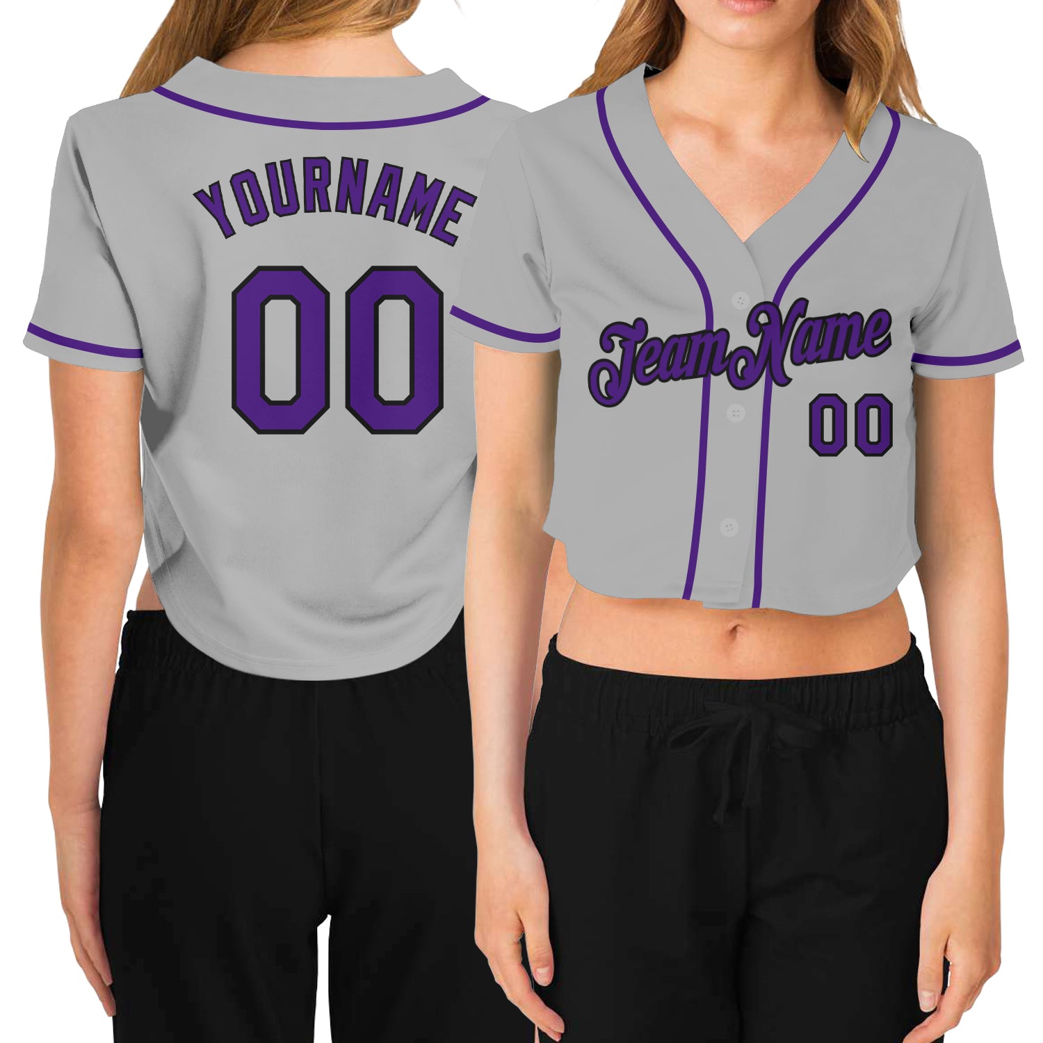 Custom gray, purple and black women's cropped baseball jersey