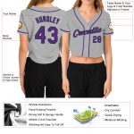 Custom gray, purple and black women's cropped baseball jersey, detail of the printed panel