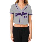 Custom gray, purple and black women's cropped baseball jersey, back view