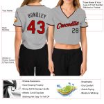 Custom Womens V-Neck Cropped Baseball Jersey - Gray Red-Black Design Custom Women's Gray Red-Black V-Neck Cropped Baseball
