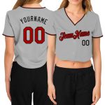 Custom Womens V-Neck Cropped Baseball Jersey - Gray Red-Black Design Custom Women's Gray Red-Black V-Neck Cropped Baseball