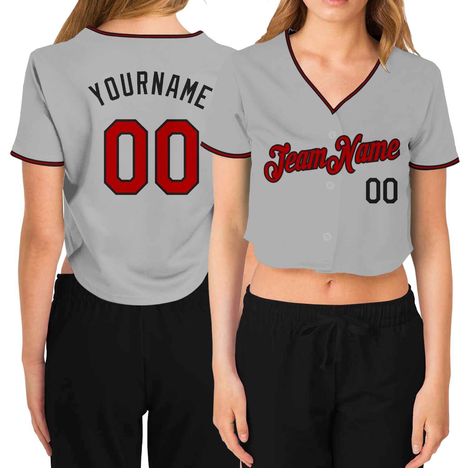 Custom Womens V-Neck Cropped Baseball Jersey - Gray Red-Black Design Custom Women's Gray Red-Black V-Neck Cropped Baseball