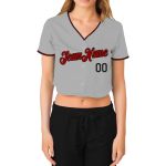 Custom Womens V-Neck Cropped Baseball Jersey - Gray Red-Black Design Custom Women's Gray Red-Black V-Neck Cropped Baseball