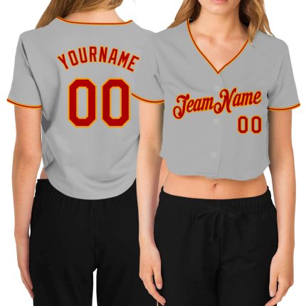 Gray Red-Gold Womens V-Neck Cropped Baseball Jersey - Custom Design Custom Women's Gray Red-Gold V-Neck Cropped Baseball