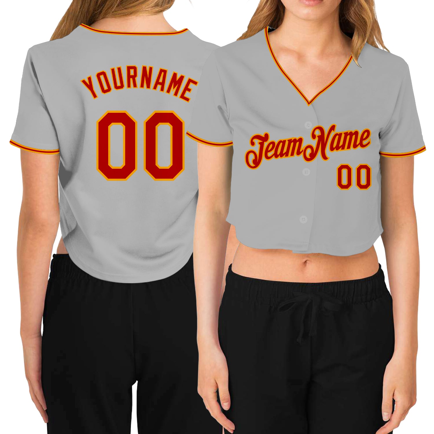 Gray Red-Gold Womens V-Neck Cropped Baseball Jersey - Custom Design Custom Women's Gray Red-Gold V-Neck Cropped Baseball