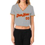 Gray Red-Gold Womens V-Neck Cropped Baseball Jersey - Custom Design Custom Women's Gray Red-Gold V-Neck Cropped Baseball
