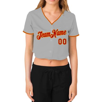 Gray Red-Gold Womens V-Neck Cropped Baseball Jersey - Custom Design Custom Women's Gray Red-Gold V-Neck Cropped Baseball