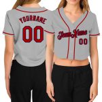 Custom Gray Red-Navy V-Neck Cropped Baseball Jersey for Women Custom Women's Gray Red-Navy V-Neck Cropped Baseball Jersey