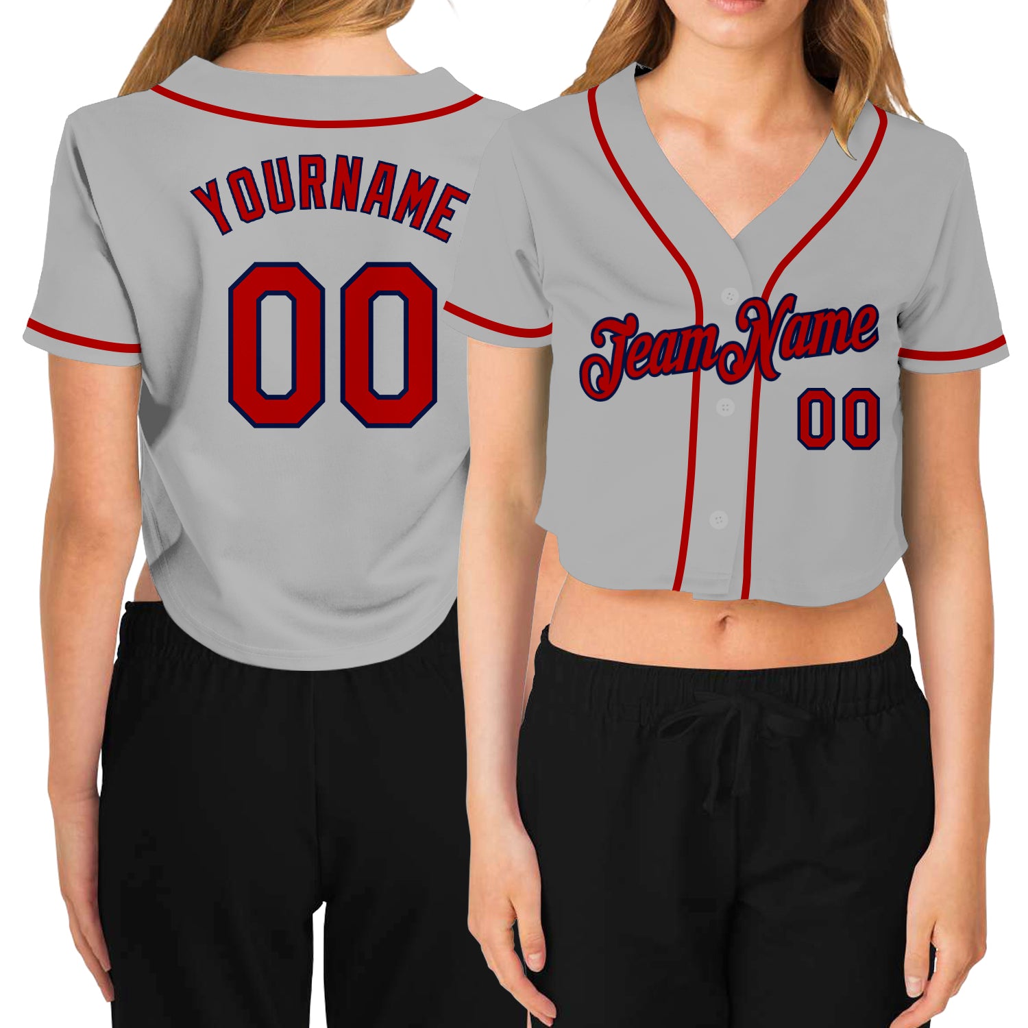 Custom Women's Gray Red-Navy V-Neck Cropped Baseball Jersey Custom Gray Red-Navy V-Neck Cropped Baseball Jersey for Women Custom Women's Gray Red-Navy V-Neck Cropped Baseball Jersey