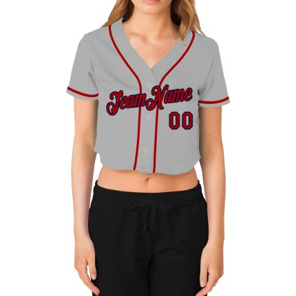 Custom Gray Red-Navy V-Neck Cropped Baseball Jersey for Women Custom Women's Gray Red-Navy V-Neck Cropped Baseball Jersey