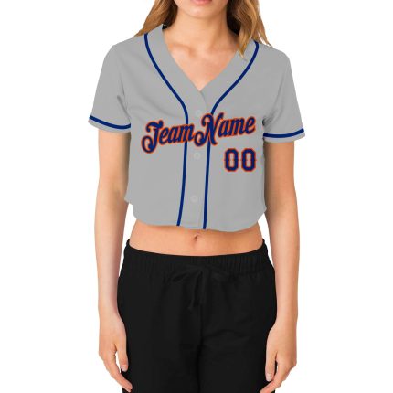Custom Womens V-Neck Cropped Baseball Jersey in Gray and Orange Custom Women's Gray Royal-Orange V-Neck Cropped Baseball