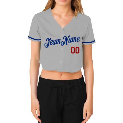 Custom Gray V-Neck Cropped Baseball Jersey for Women in Royal-Red Custom Women's Gray Royal-Red V-Neck Cropped Baseball Jersey