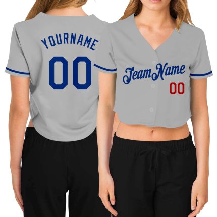 Custom Gray V-Neck Cropped Baseball Jersey for Women in Royal-Red Custom Women's Gray Royal-Red V-Neck Cropped Baseball Jersey