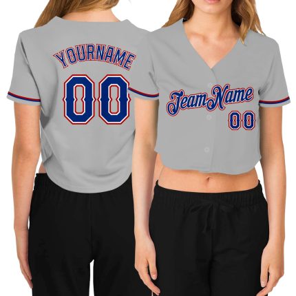Custom Womens Gray V-Neck Cropped Baseball Jersey - Royal White Red Color Design Custom Women's Gray Royal White-Red V-Neck