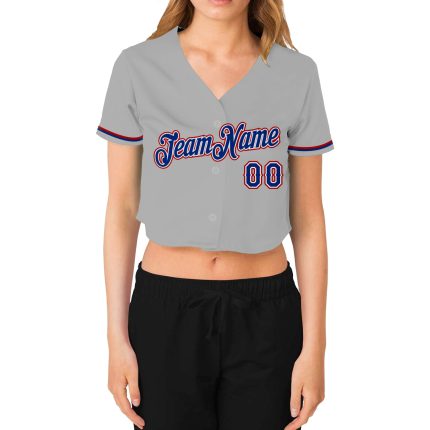 Custom Womens Gray V-Neck Cropped Baseball Jersey - Royal White Red Color Design Custom Women's Gray Royal White-Red V-Neck
