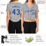 Womens Custom Gray V-Neck Cropped Baseball Jersey - Royal White Design Custom Women's Gray Royal-White V-Neck Cropped Baseball
