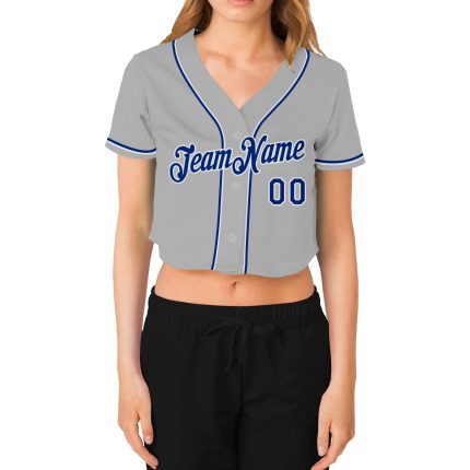 Womens Custom Gray V-Neck Cropped Baseball Jersey - Royal White Design Custom Women's Gray Royal-White V-Neck Cropped Baseball