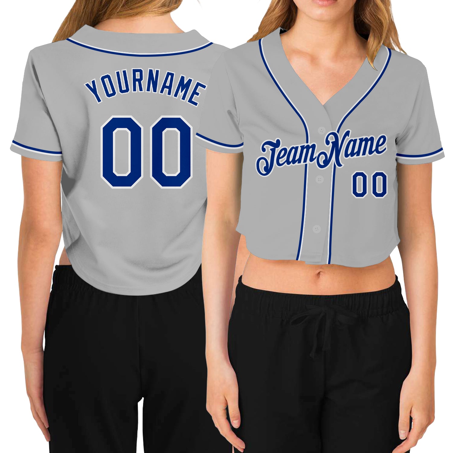 Womens Custom Gray V-Neck Cropped Baseball Jersey - Royal White Design Custom Women's Gray Royal-White V-Neck Cropped Baseball