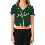 Womens Custom Green Cream Black V-Neck Cropped Baseball Jersey Custom Women's Green Cream-Black V-Neck Cropped Baseball Jersey