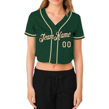 Womens Custom Green Cream Black V-Neck Cropped Baseball Jersey Custom Women's Green Cream-Black V-Neck Cropped Baseball Jersey